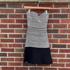 Parker White and Black Striped Strapless Sweetheart Fitted Bodycon Mini Dress